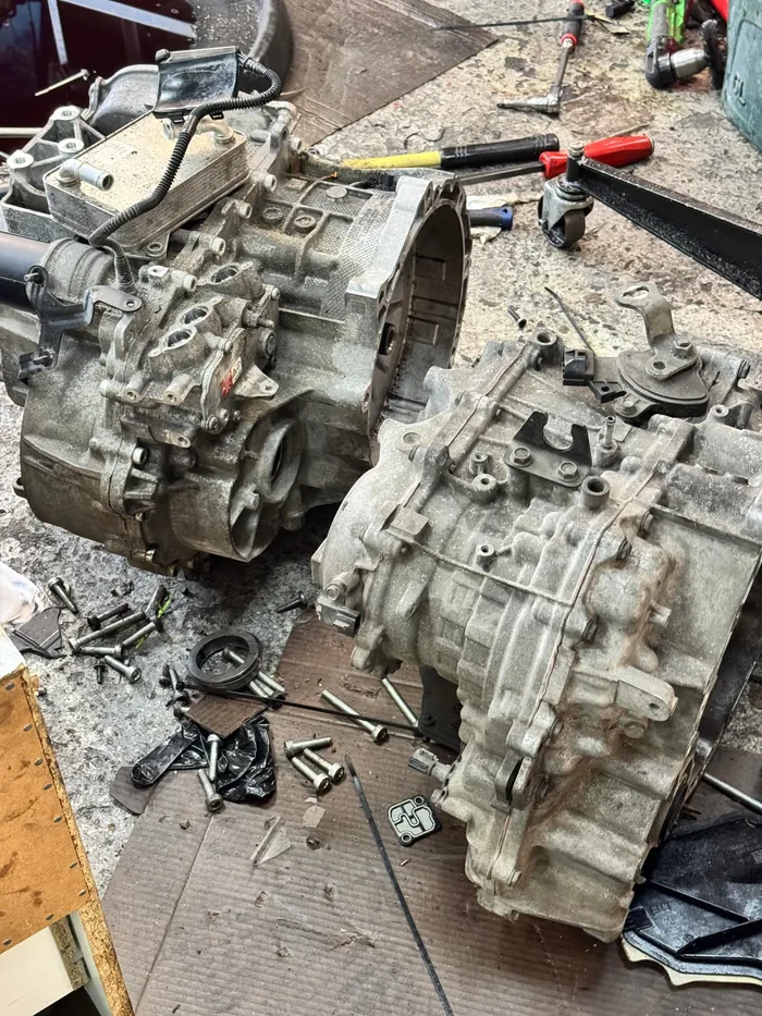 Dismantled DSG gearbox housings ready for rebuild